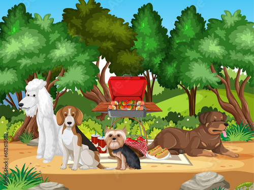 Dogs Sitting in Nature Park Scene