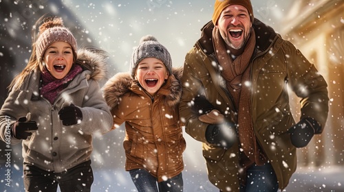 Feel the joy! This radiant family's laughter in a winter wonderland captures the heartwarming essence of the season. Perfect for those who cherish familial bliss!