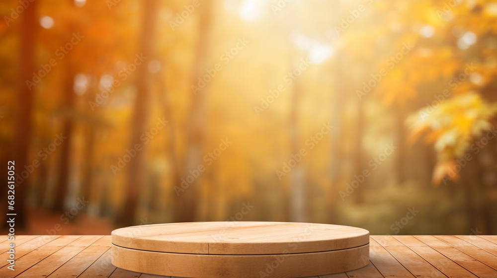 Fototapeta premium Wood podium with fall background. Generative AI.
