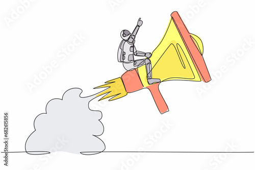 Single one line drawing astronaut riding megaphone rocket flying in moon surface. Communication skills in intergalactic roaming teams. Cosmic galaxy space. Continuous line design vector illustration