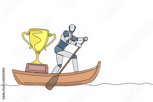 Single continuous line drawing smart robot sailing away on boat with winning trophy. Victory reward for space exploration missions. Artificial smart droid. One line graphic design vector illustration