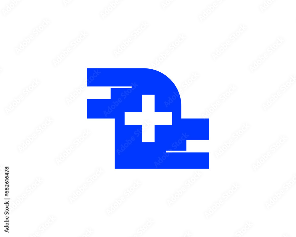 Obraz premium Abstract blue geometric shape with a white plus sign inside medical logo