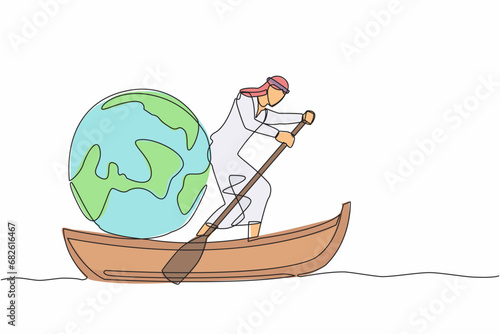 Continuous one line drawing of Arabian businessman sailing away on boat with globe. Tourism or business travel concept. Office worker take vacation trip. Single line design vector graphic illustration