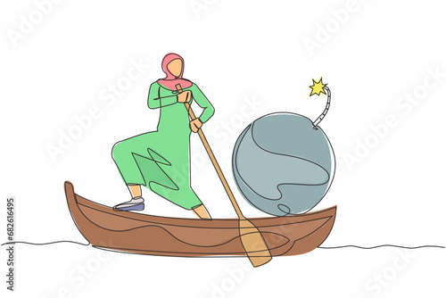 Single continuous line drawing Arab businesswoman standing in boat, sailing with bomb. Manager carry dangerous risks for company. Economic collapse due to crisis. One line design vector illustration