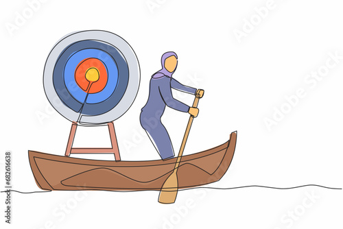 Single one line drawing Arab businesswoman standing in boat and sailing with dartboard target. Hard work achieve business mission and win competition. Continuous line draw design vector illustration