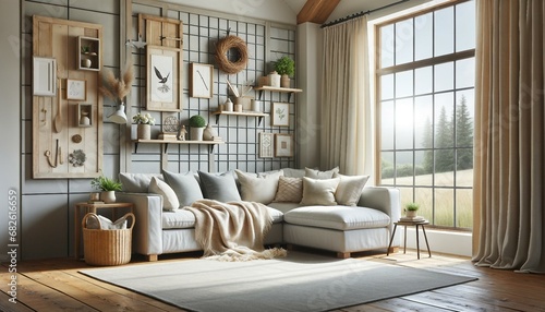 Farmhouse style modern living room with a corner sofa  beige and grey pillows against a grid window