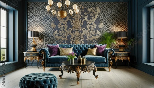 Victorian style modern living room with a royal blue tufted sofa, gold and purple pillows, and a dark wood ornate coffee table against a damask wallpa