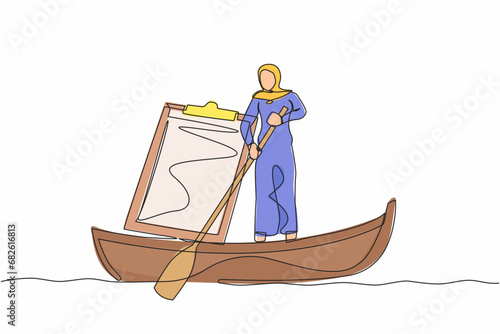 Single one line drawing Arabian businesswoman standing in boat, sailing with clipboard. Employee escape from deadline checklist board. Productivity problem. Continuous line design vector illustration