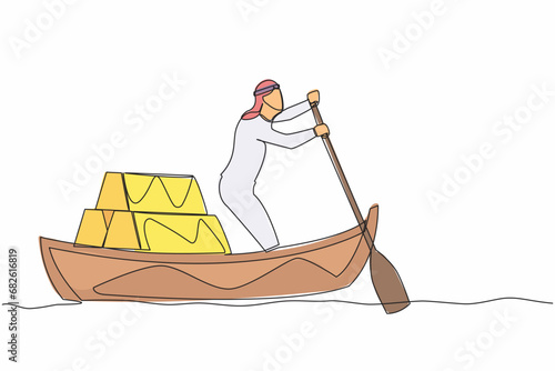 Continuous one line drawing Arab businessman sailing away on boat with stack of golden bullion. Gold investment concept. Office worker planning future finance. Single line design vector illustration
