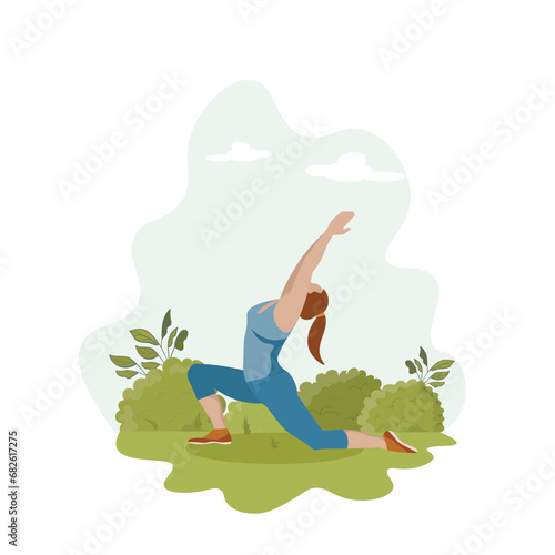 A woman does yoga in the Park. The concept of yoga outdoors. The practice of yoga in nature. Flat style. A healthy life style. A female cartoon character on a background of leaves and grass
