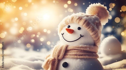 Winter holiday christmas background banner - Closeup laughing snowman with wool hat and scarf, on snowy snow snowscape with bokeh lights © Mariana