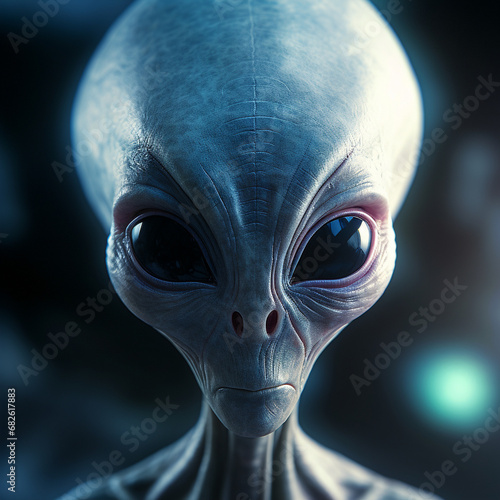 A realistic alien with big eyes and pale skin