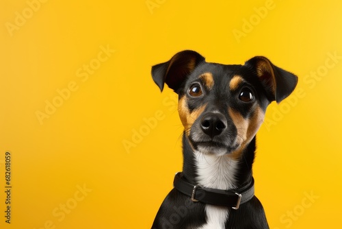 A beautiful dark terrier on a yellow background.
