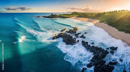 An aerial view of a beach and ocean