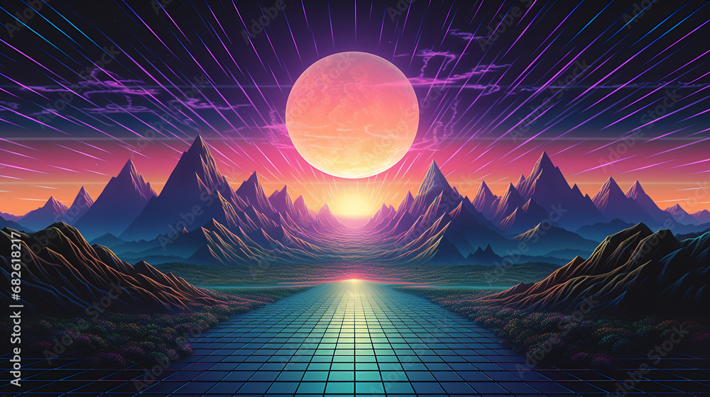 A vaporwave synthwave neon futuristic landscape with mountains in the background - obrazy, fototapety, plakaty 