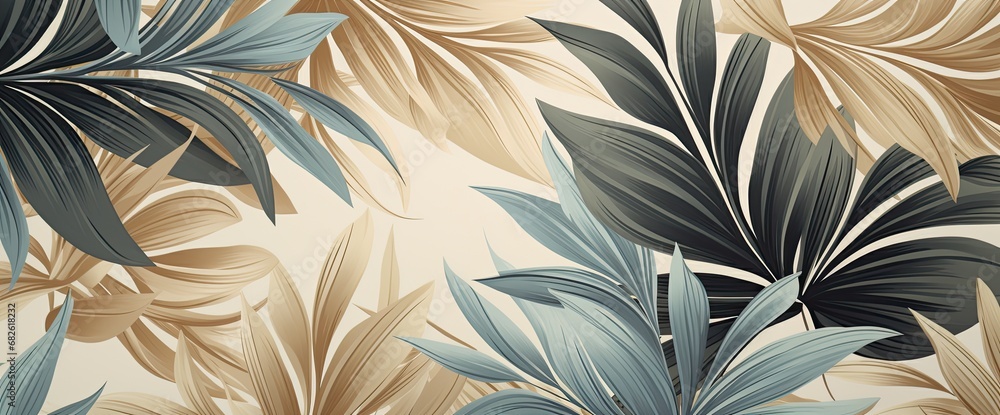 Φωτογραφία Wallpaper made of palm leaves in blue and gold, in the style of photorealistic p