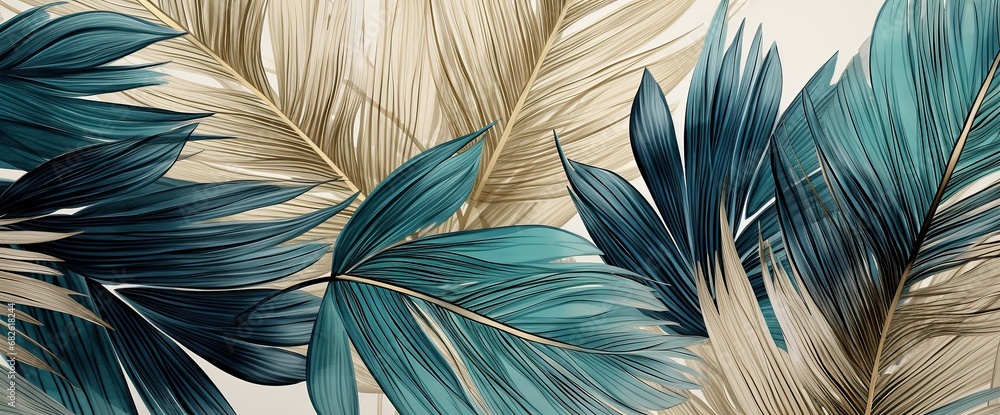 Wallpaper made of palm leaves in blue and gold, in the style of photorealistic pastiche, Wallpaper made of palm leaves in blue and gold, in the style of photorealistic pastiche,
