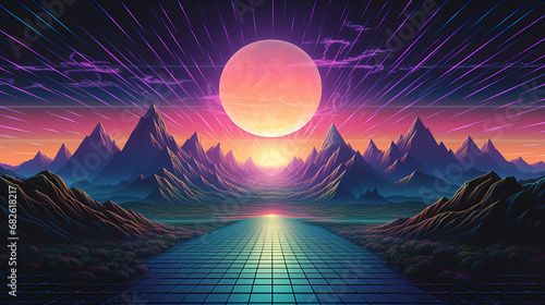 A vaporwave synthwave neon futuristic landscape with mountains in the background