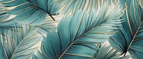 Wallpaper made of palm leaves in blue and gold, in the style of photorealistic pastiche,
