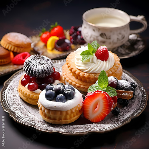 Plate of pastries with berries and whipped cream. Generative AI