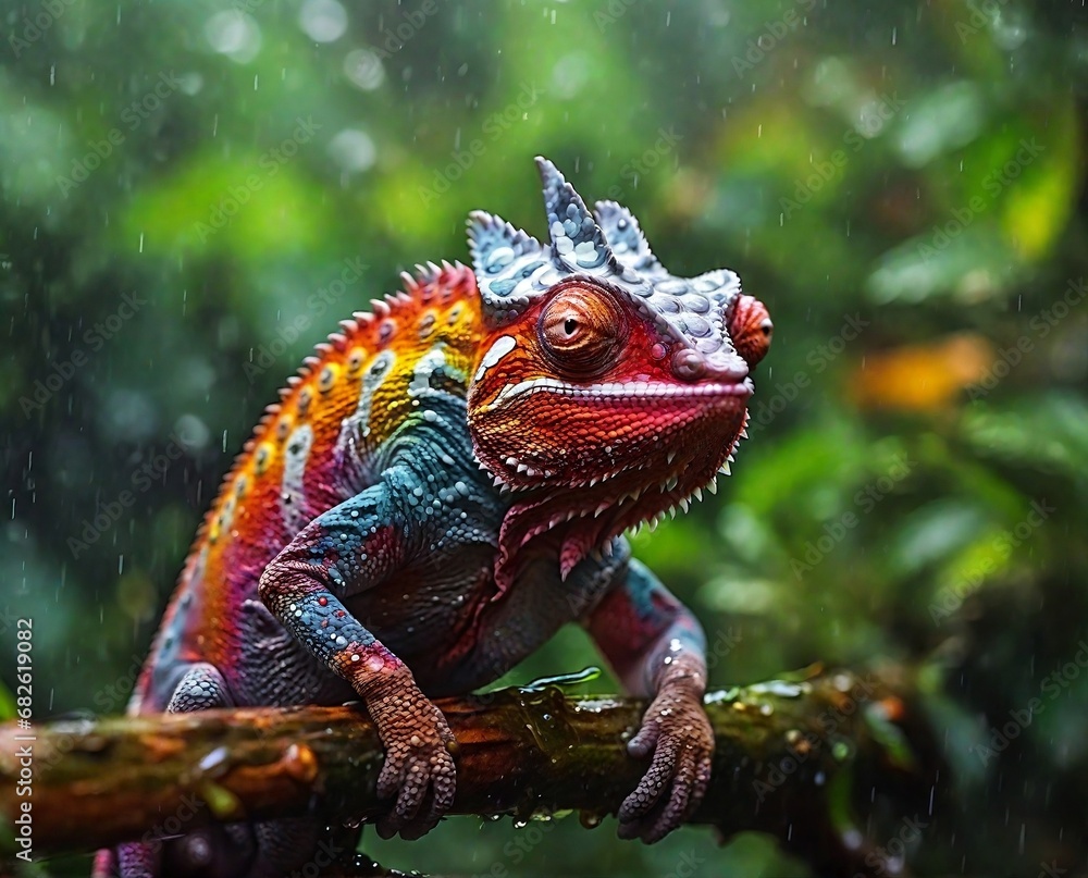 Fototapeta premium A closeup view colored chameleon, Colorful chameleon in the forest
