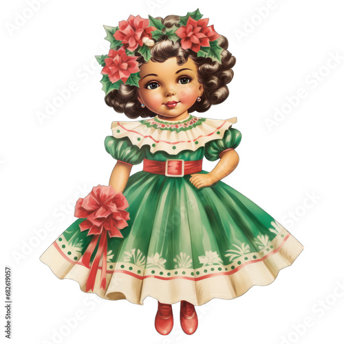 Vintage Hispanic Christmas doll in a festive dress, isolated on transparent PNG background