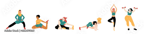Set of woman workout illustration. Woman workout set. Woman exercise set. 