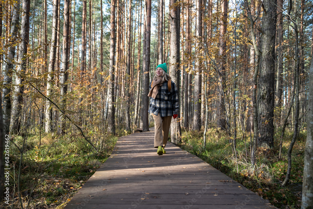 Obraz premium Woman tourist traveler walking on ecotrope in Scandinavian pine tree forest enjoying nature park. Relaxed middle aged female exploring woodland. Outdoor activity, tourism travel wanderlust concept.
