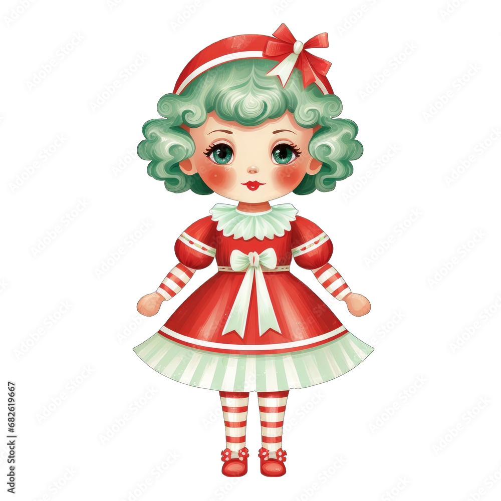 Vintage Christmas doll in a festive dress, isolated on transparent PNG background