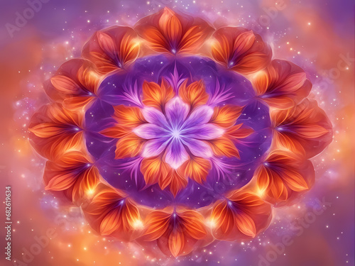 Fractal circular mandla made with orange and purple flowers. photo