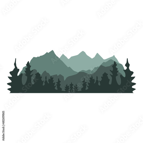 Mountain landscape silhouette. Vector panoramic landscape with green silhouettes of trees and hills. Vector illustration.