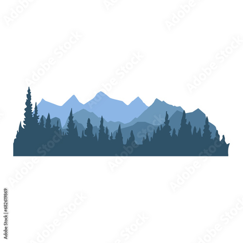 Mountain landscape silhouette. Vector panoramic landscape with green silhouettes of trees and hills. Vector illustration.