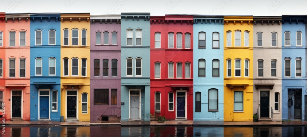 Row of colorful houses. Generative AI technology.