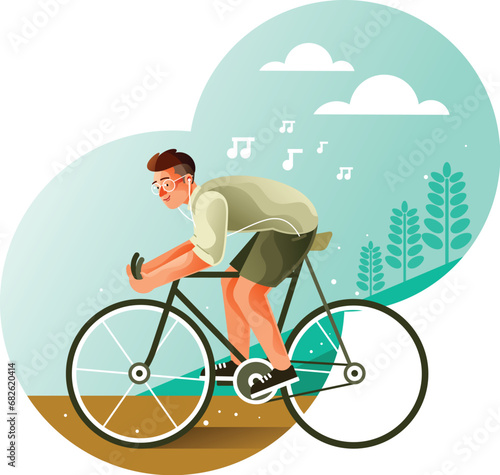 Youth riding a bicycle while listening to music