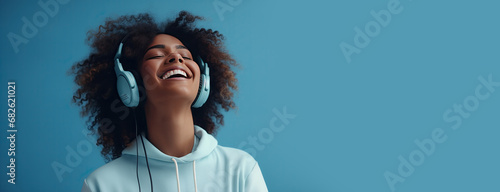 Happy woman in Headphone listen to music and radio to relief stress, a lifestyle photo