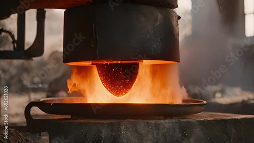 Closeup crucible being carefully lifted blazing furnace, revealing pool molten metal that radiates intense heat emits sparks smoke. photo
