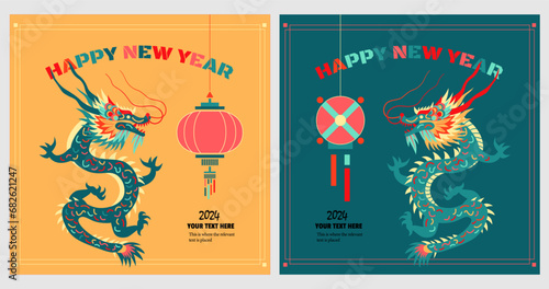 Chinese New Year, 2024 Asian Lunar New Year - Year of the Dragon: Traditional Chinese elements of dragon and lantern in modern geometric decorative style and line frame.