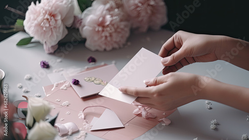 A Woman do and preparing handmade card for valentine's day, Mother's  day, Anniversary. photo