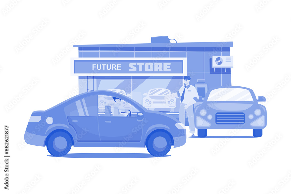 Fototapeta premium Female Customer Taking Test Ride Of New Car