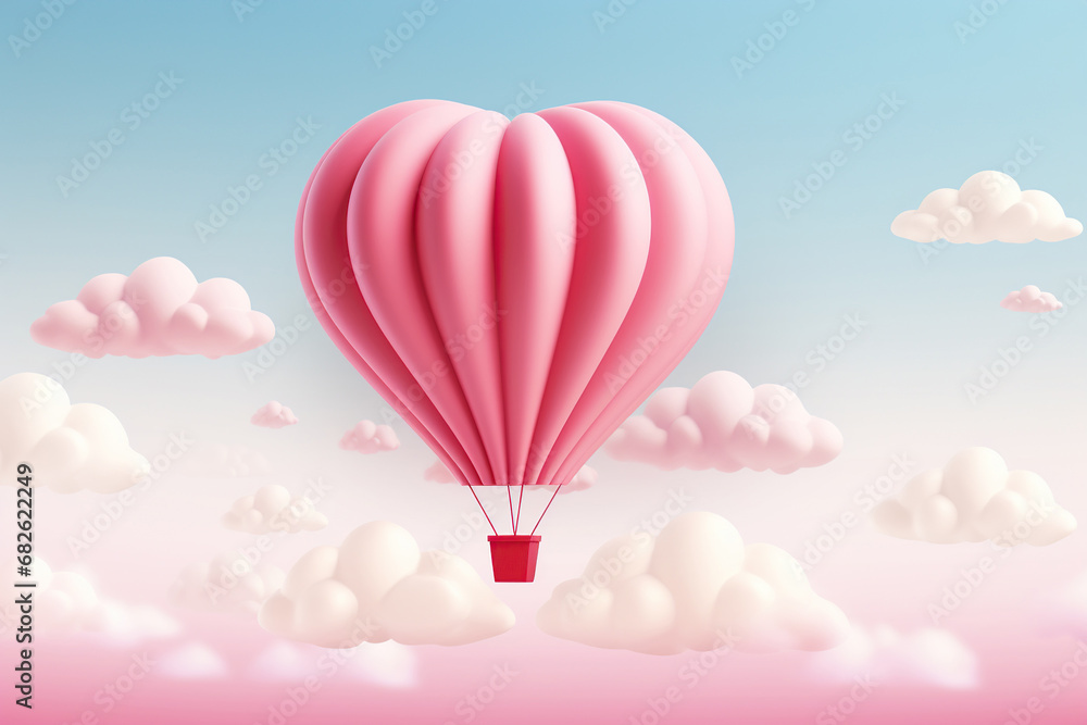Pink hot air balloon flying in the sky with clouds. Vector illustration. 
