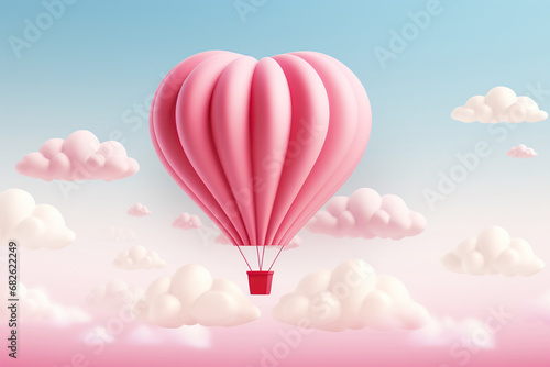 Pink hot air balloon flying in the sky with clouds. Vector illustration. 