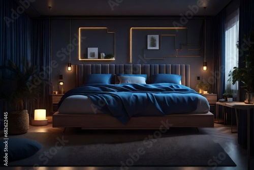 3d rendering of bedroom with cozy low bed at night  © Malaika