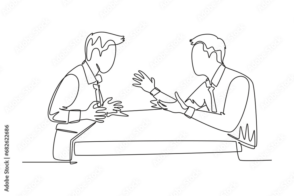 Single continuous line drawing of young angry businessman screaming to his shouting business partner then they blaming each others. Business problem. One line draw graphic design vector illustration Single continuous line drawing of young angry businessman screaming to his shouting business partner then they blaming each others. Business problem. One line draw graphic design vector illustration