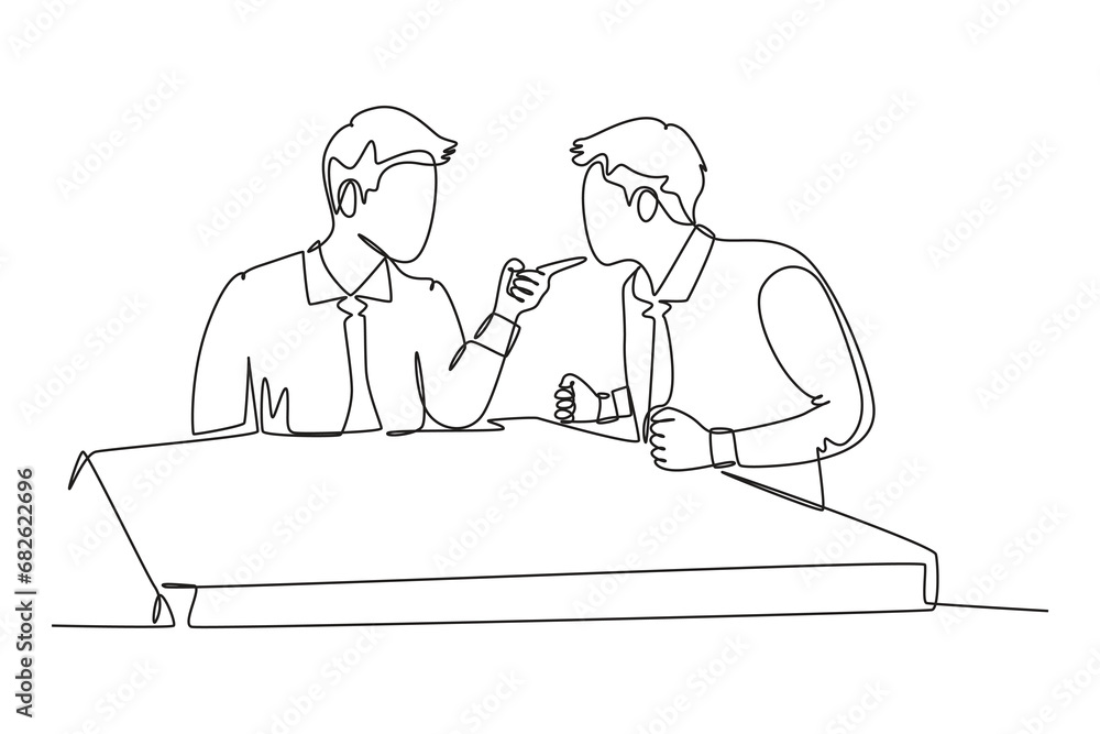 Single continuous line drawing of young angry businessman pointing finger to his shouting colleague then blaming each others. Business problem concept. One line draw graphic design vector illustration Single continuous line drawing of young angry businessman pointing finger to his shouting colleague then blaming each others. Business problem concept. One line draw graphic design vector illustration