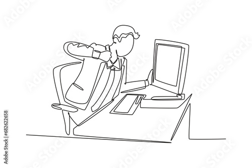 Continuous one line drawing young frustrated male employee ready to punch monitor computer using his fist hand. Work pressure at the office concept. Single line draw design vector graphic illustration