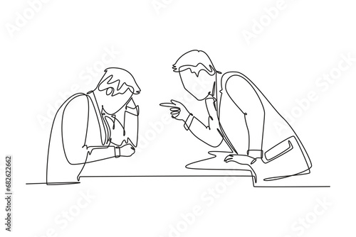 Single continuous line drawing young furious manager pointing finger to his frustrated staff and blaming the staff about bad work performance concept. One line draw graphic design vector illustration