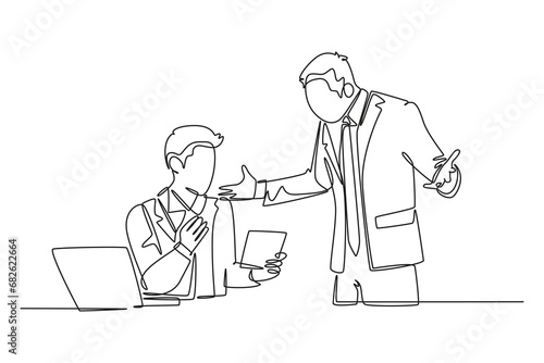 Single continuous line drawing of young upset manager asking staff about sales data performance mistakes. Work problem at the office concept. Dynamic one line draw graphic design vector illustration
