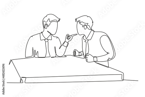Single continuous line drawing of young angry businessman pointing finger to his shouting colleague then blaming each others. Business problem concept. One line draw graphic design vector illustration