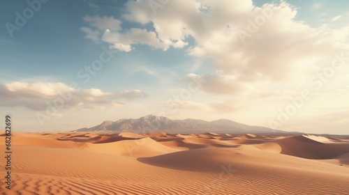 A vast, windswept desert with a massive, solitary sand dune standing as a testament to the desolation of the landscape. © Amna