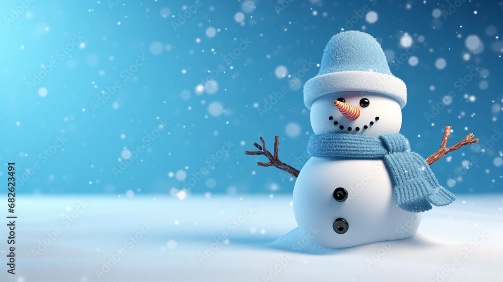 happy snowman with scarf and hat on a blue snowy background - copyspace